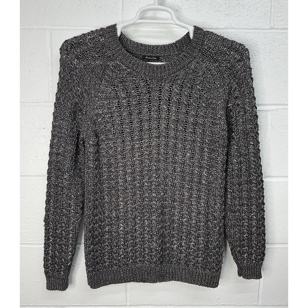 Massimo Dutti Open Knit Sweater Brown Gold Metallic Crew Neck Wool Blend Large